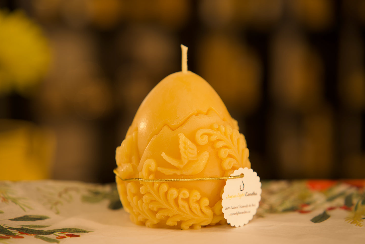 Handcrafted pure beeswax egg candle with birds and floral design, eco-friendly, 3x4 inches