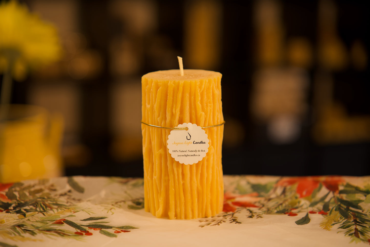 Sculpted pure beeswax pillar candle with a branch design, eco-friendly, 2.75x5.25 inches