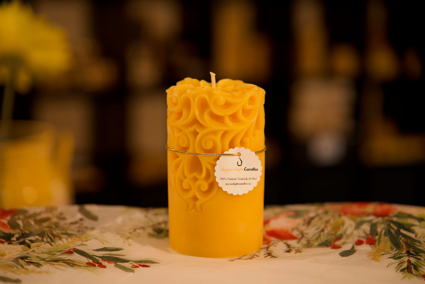 Floral pure beeswax pillar candle with carved hibiscus bloom, chemical-free decor, 3x5.25 inches