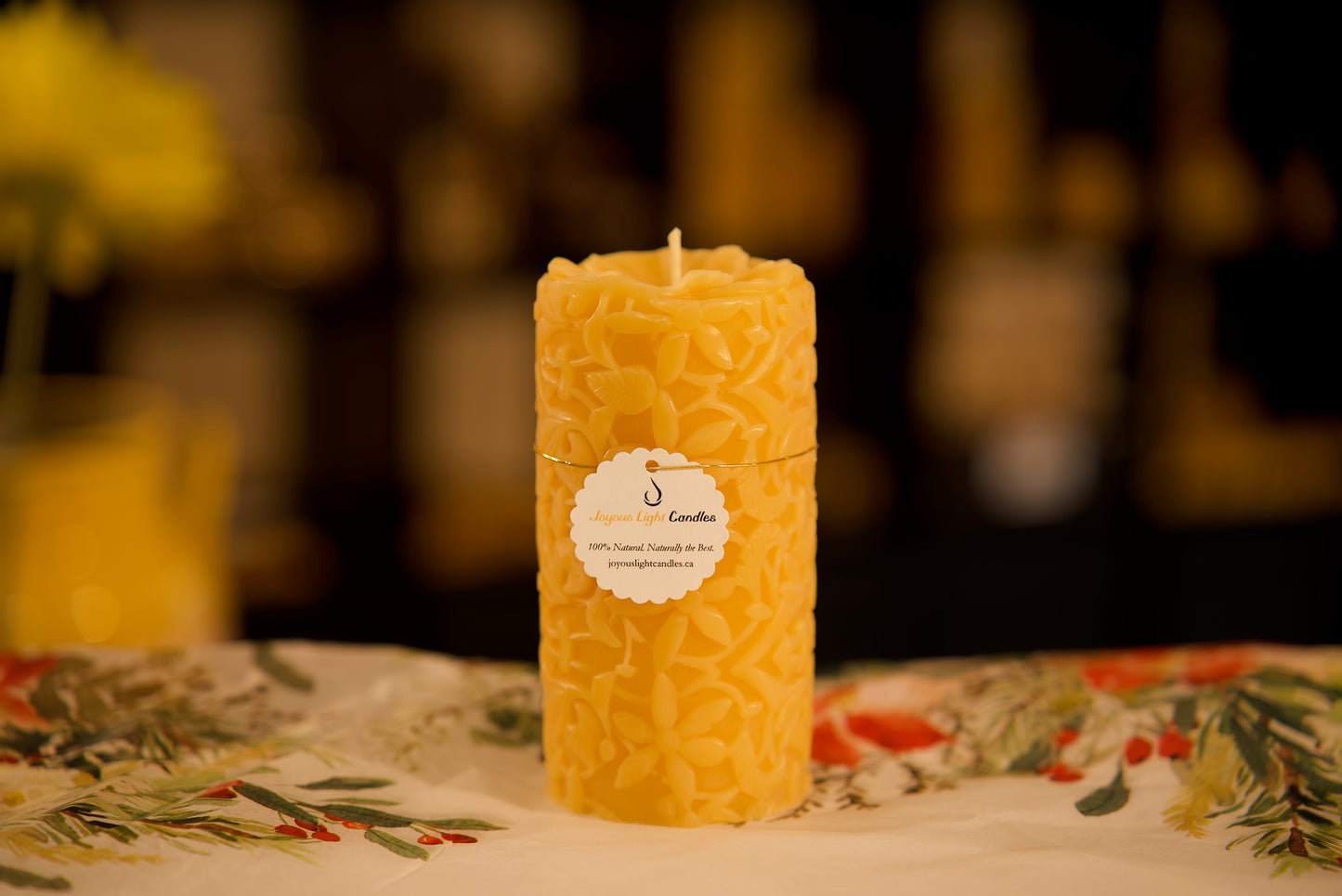 Botanical pure beeswax pillar candle with climbing ivy and pansy crown, chemical-free decor, 2.5x5.25 inches