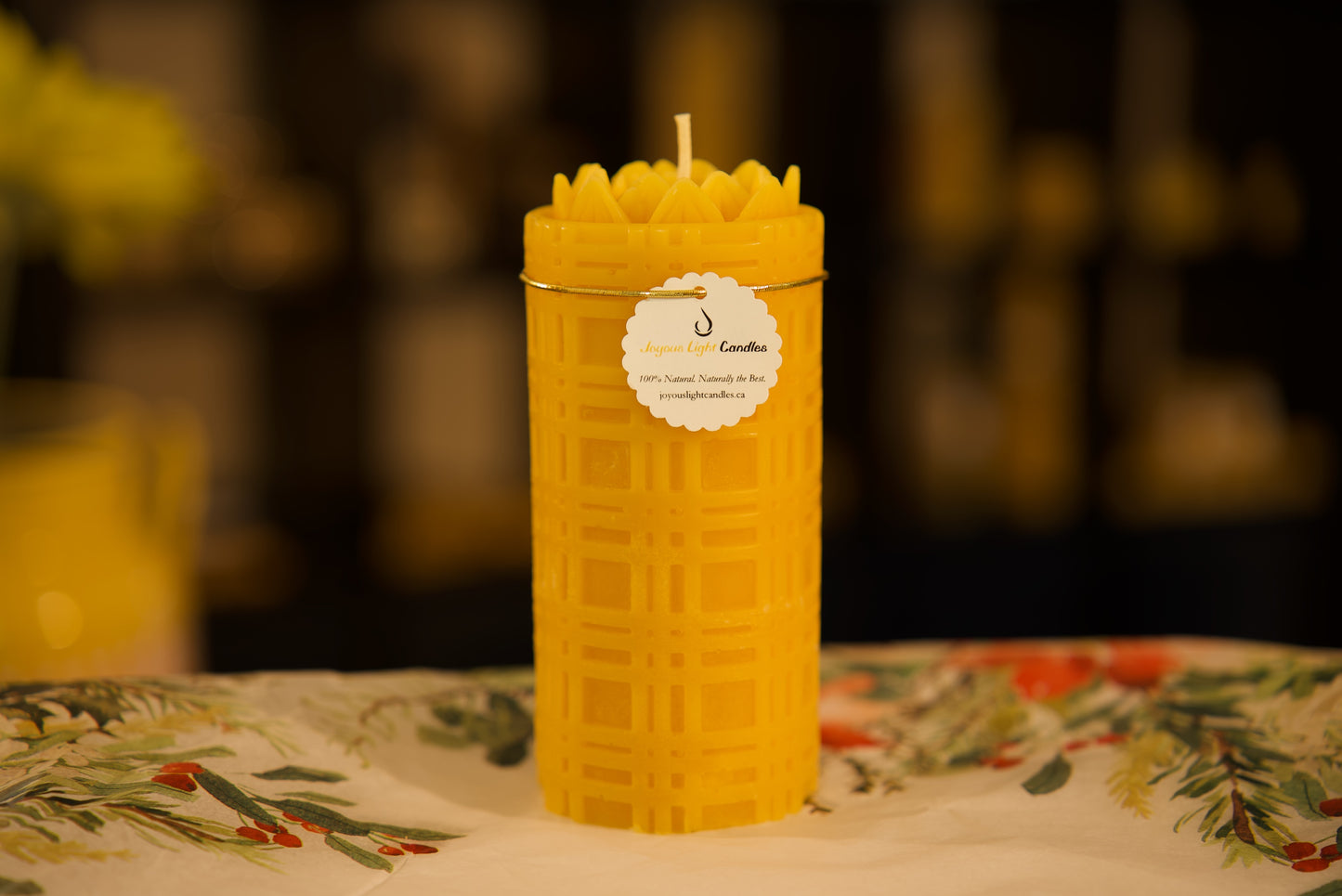 Elegant pure beeswax pillar with floral lattice design, handcrafted geometric pattern, 2.75x5.5 inches