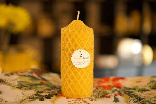 Lustrous pearl finish pillar with geometric diamond relief, pure beeswax, 2.5x6 inches