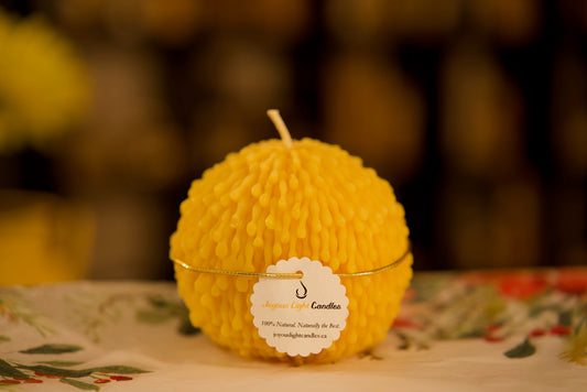 Handcrafted pure beeswax ball candle with textured fringe pattern, chemical-free home decor, 3.5x3.5 inches