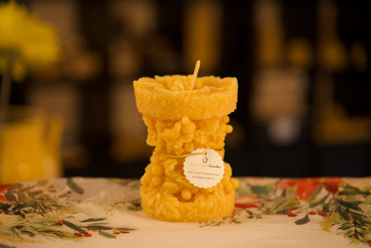 Elegant pure beeswax candle with detailed grape vine design, natural honey scent, 3.25x5 inches