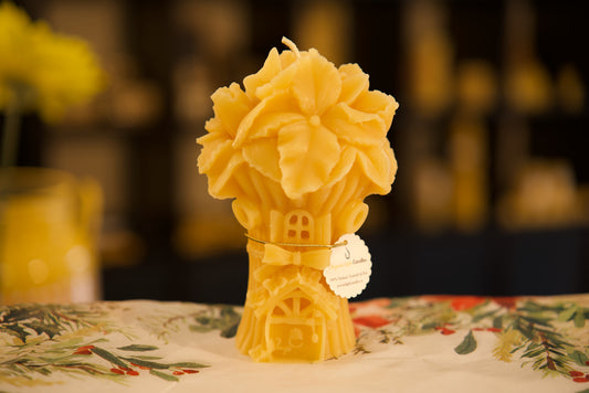 Charming pure beeswax house candle with iris flower details, eco-friendly home accent, 2.5x6.5 inches