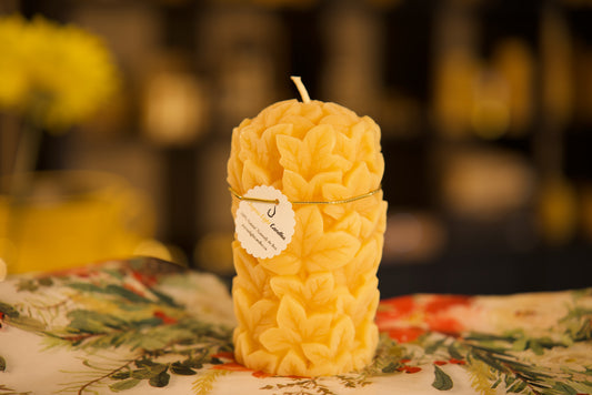 Seasonal pure beeswax pillar with embossed maple leaf design, natural autumn decor, 2.75x5.5 inches