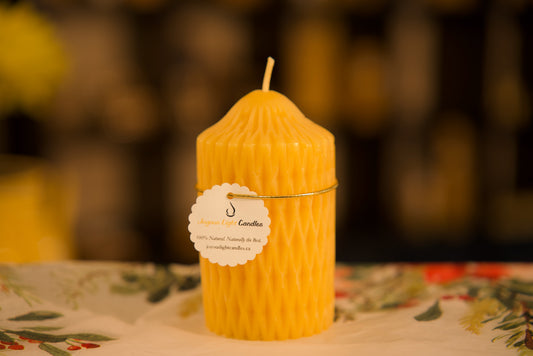 Elegant pure beeswax pointed pillar with netted texture pattern, chemical-free accent, 2.5x4.5 inches