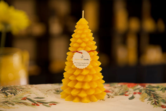 Nature-inspired pure beeswax tree candle with pine cone texture, eco-friendly winter decor, 3.5x6.5 inches