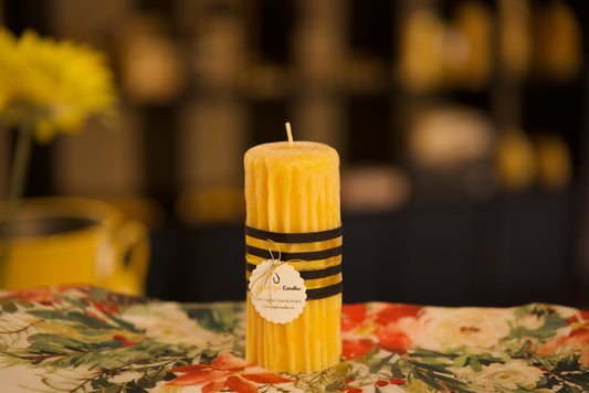 Vintage-style pure beeswax medium dripped pillar candle, eco-friendly decor, 2x5 inches