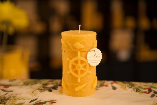 Nautical pure beeswax pillar with seashell and ship wheel design, coastal home decor, 2.75x5 inches