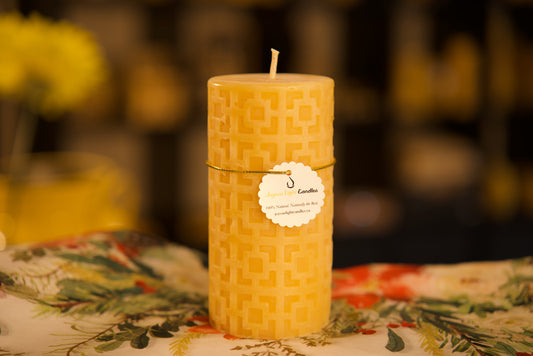 Geometric pure beeswax pillar candle with intricate lattice pattern, modern home decor, 2.75x5.5 inches
