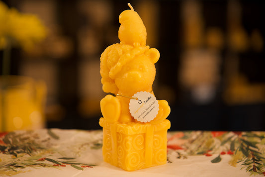 Charming pure beeswax teddy bear candle in gift box, perfect children's room decor, 2.5x8 inches
