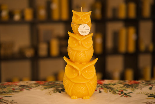 Whimsical pure beeswax stacked owl candle, unique nature-inspired sculpture, 4.75x11.25 inches
